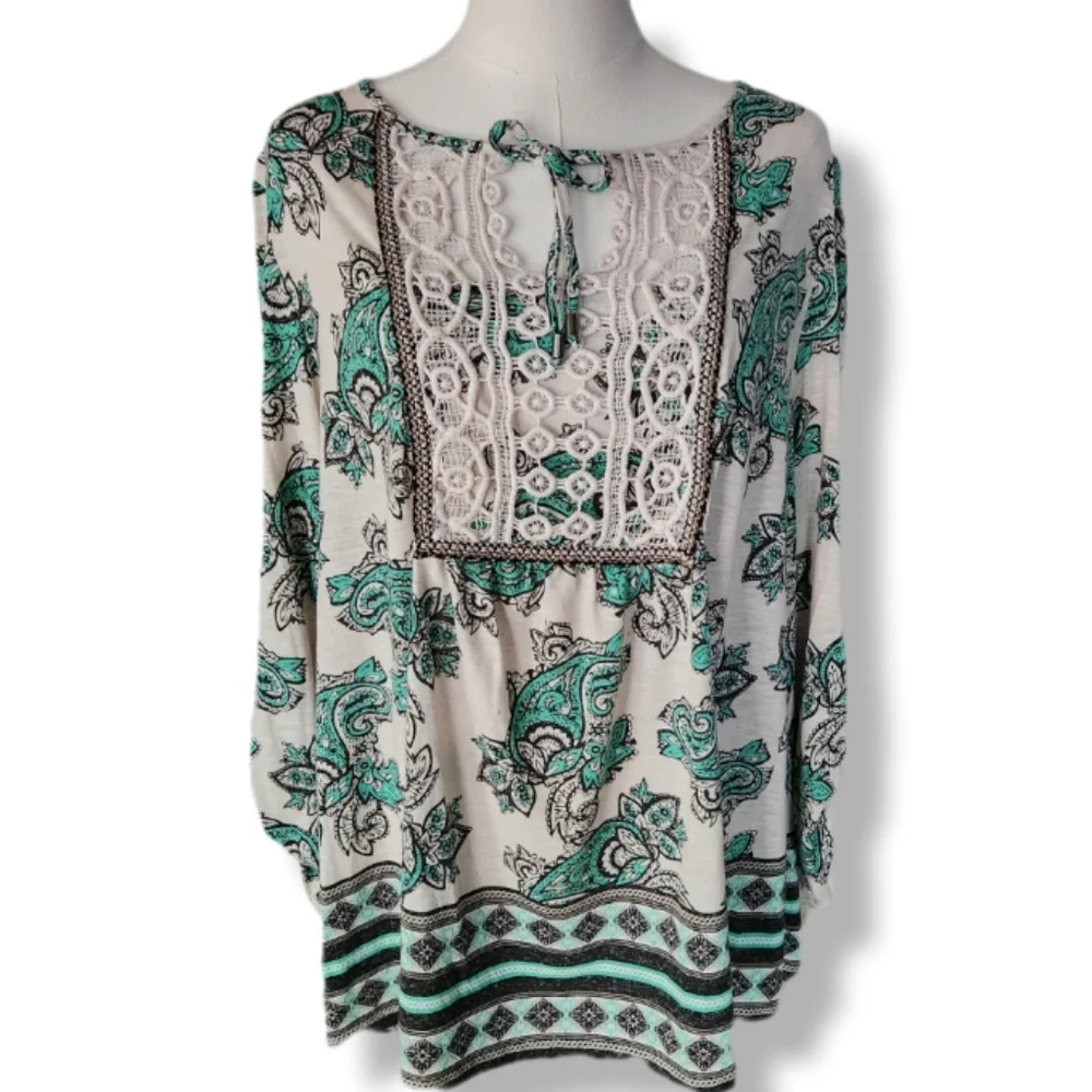 Style & Company Women's Paisley Lace Detail Roll Sleeve Top 2X